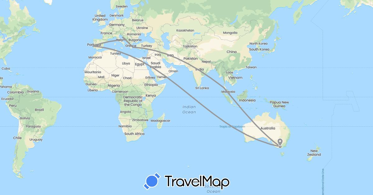 TravelMap itinerary: driving, plane in Australia, Greece, Croatia, Portugal, Thailand (Asia, Europe, Oceania)